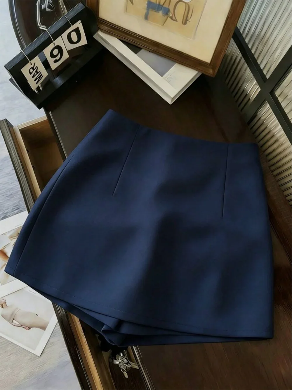 Navy Blue Casual Women's Metal Button Design Split Hem Skort